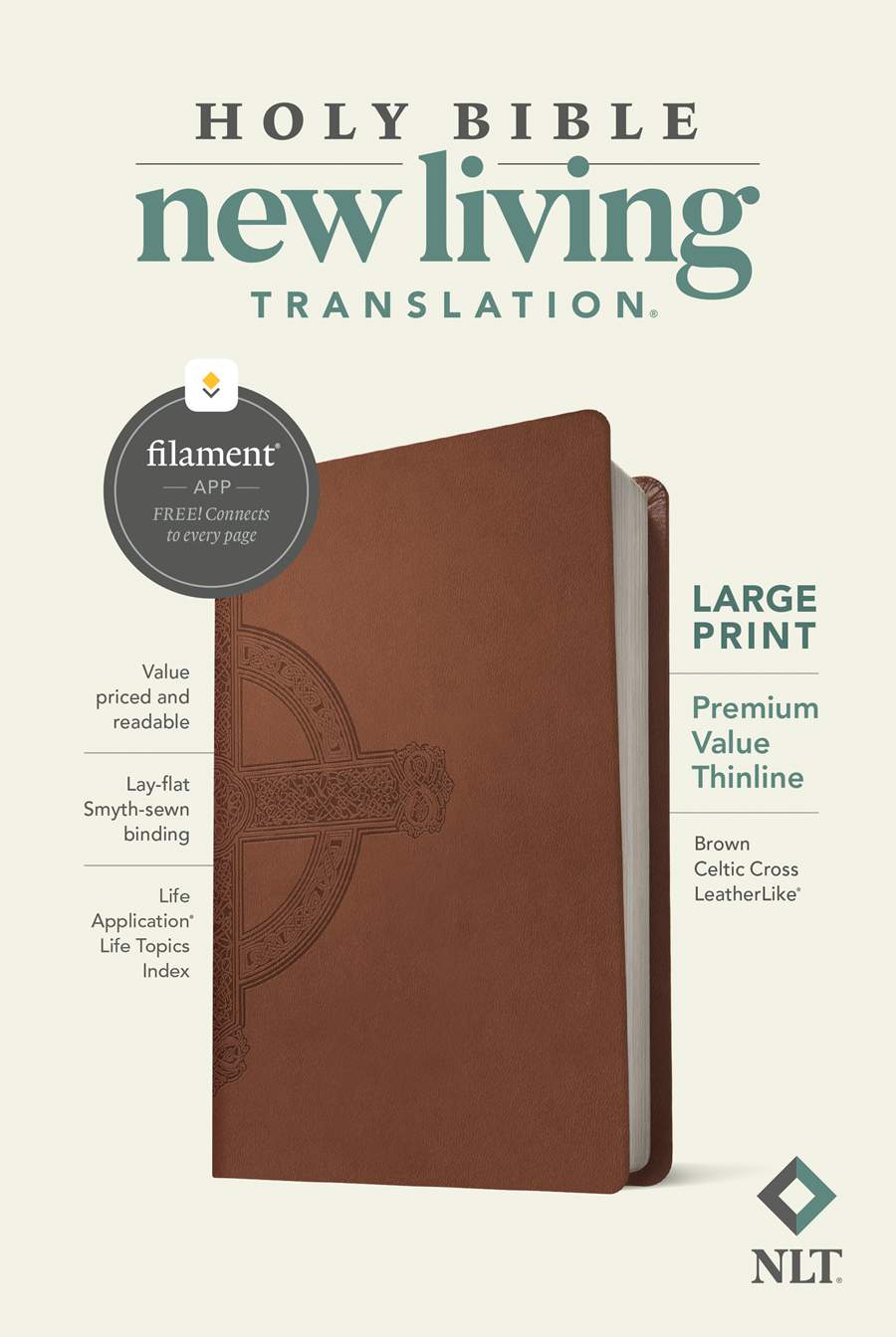 Bible | NLT Value Thin line, Large Print, Brown Celtic Cross Cover