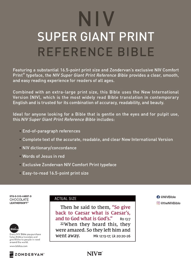 Bible | NIV Super Giant Print Reference Bible, Leathersoft, Brown