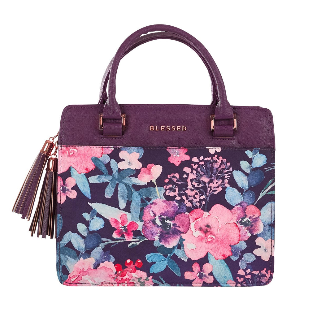 Bible Cover | Blessed Purple Floral Faux Leather Purse-style Bible Cover