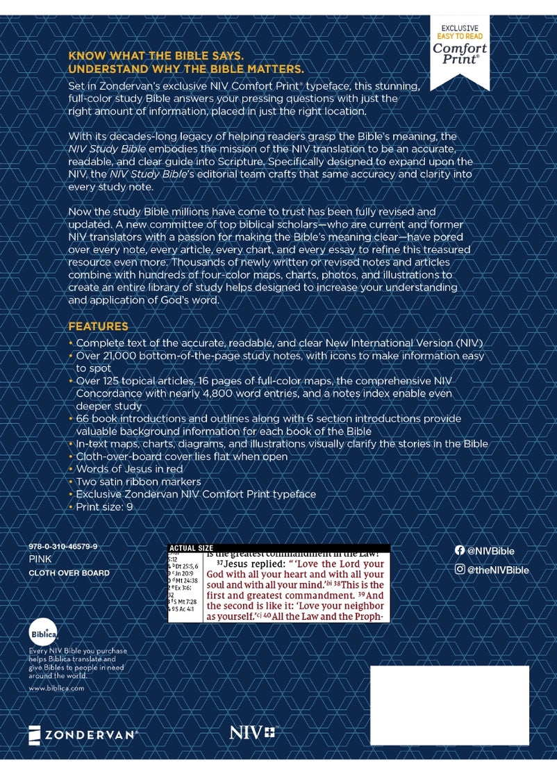 Bible | NIV Study, Fully Revised Edition- Cloth Over Board, Pink