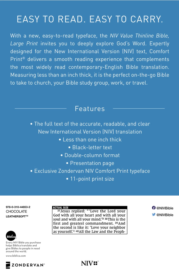 Bible | NIV Value Thinline Bible- Large Print, Leathersoft, Brown